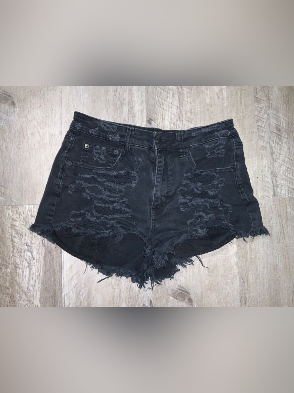 (Bin 18) American Eagle Outfitters, Black Distressed Frayed jean shorts, Size 4